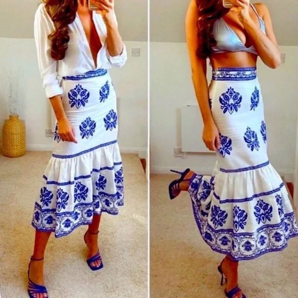 Zara Embroidered Blue and White Midi Skirt - Picture 9 of 16